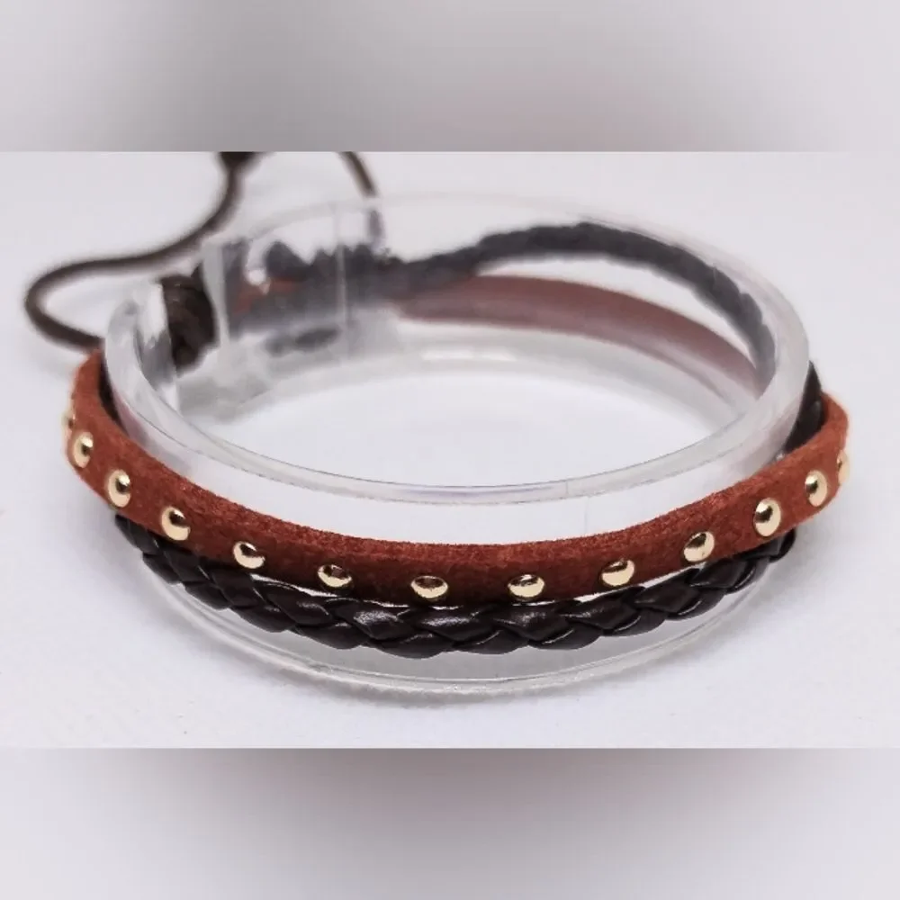 Men's bracelet leather‎ braided layered brown new e79